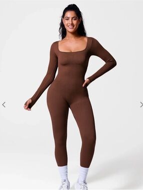 Square-Neck Long-Sleeve Jumpsuit — Brown